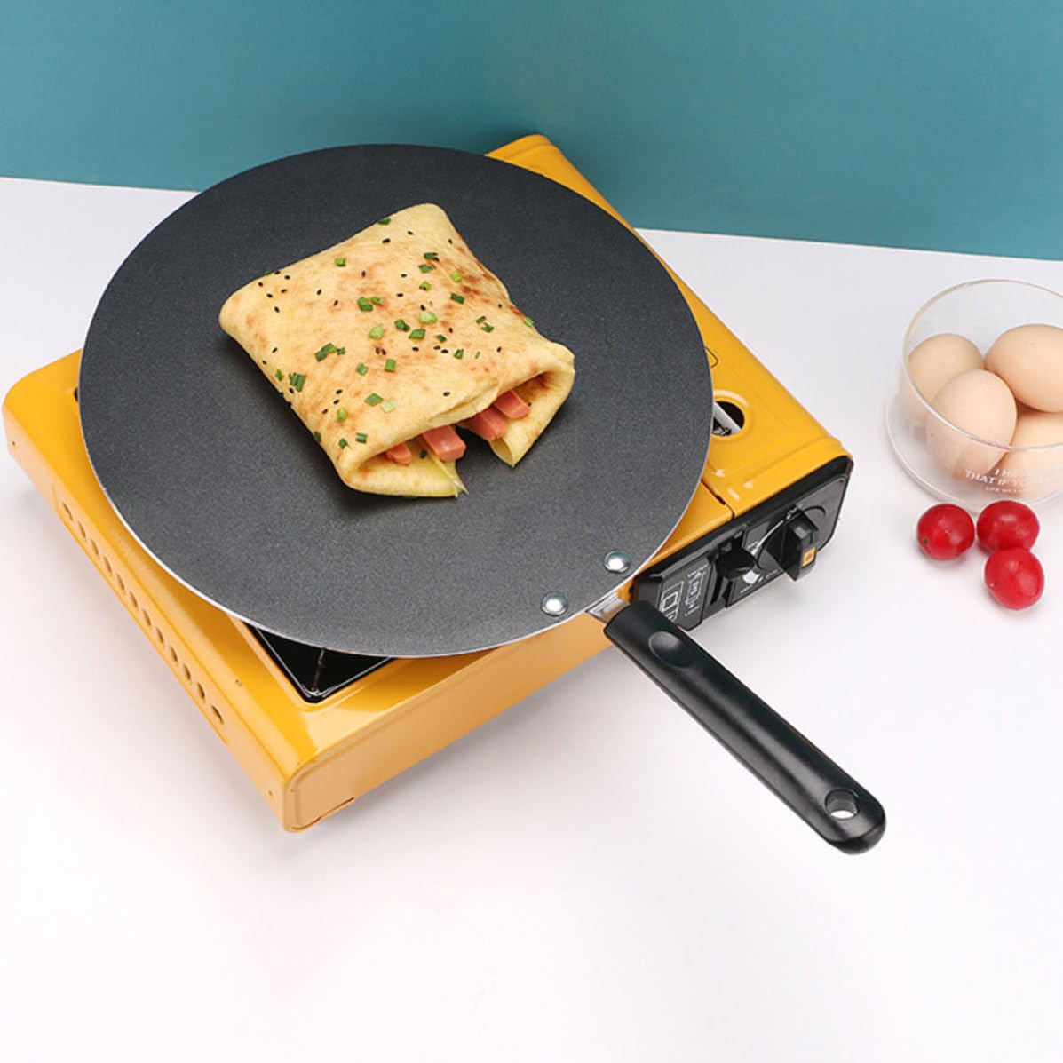 Sartén Crepera de Aluminio Negro Fondo Plano y Mango Cómodo
