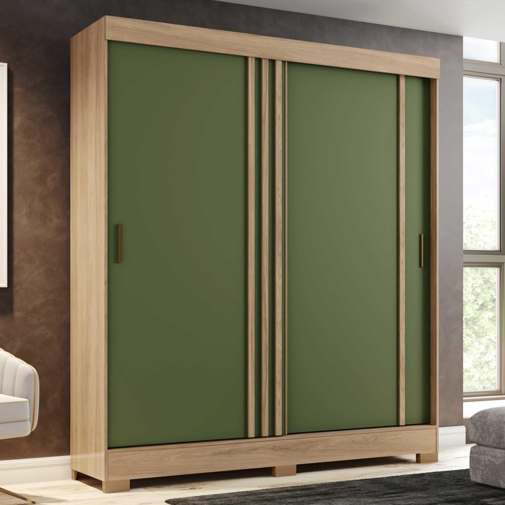Armario Ropero Juvenil Auror Gran Capacidad, Puerta Corredera Reversible, Estantes y Cajones - Nature Shine/Verde