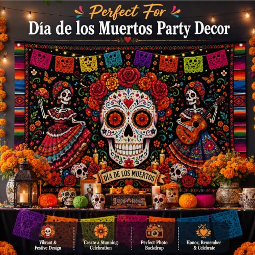 Image of Dia de los Muertos Decorations - Day of The Dead Sugar Skull Backdrop | Mexican Fiesta Photography Background Banner | Skeleton Marigold Papel Picado Decor for Day of the Dead Party Indoor Outdoor