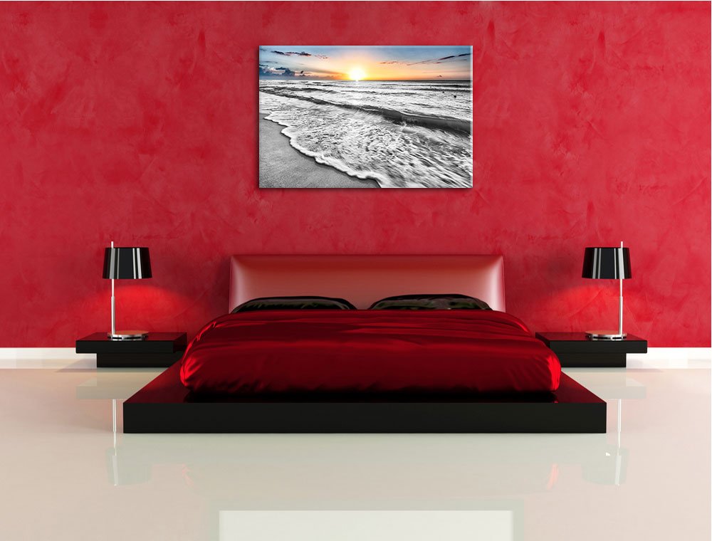 Pixxprint wunderschönes Meer B&W, Größe: 120x80cm, Leinwandbild, fertig gespannt, Wandbild, Dekoration, Kunstdruck, kein Poster