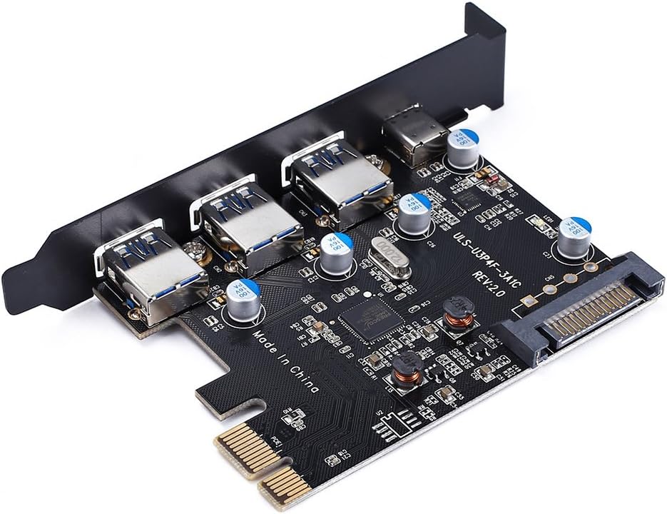 PCI-E to USB 3.0 Type C +3 Type A Expansion Card - Interface USB 3.0 4-Port Express Card Desktop with 15 pin SATA Power Connector [ Include with A 4pin to 2x15pin Cable + A 15pin to 2X 15pin SATA Y-C