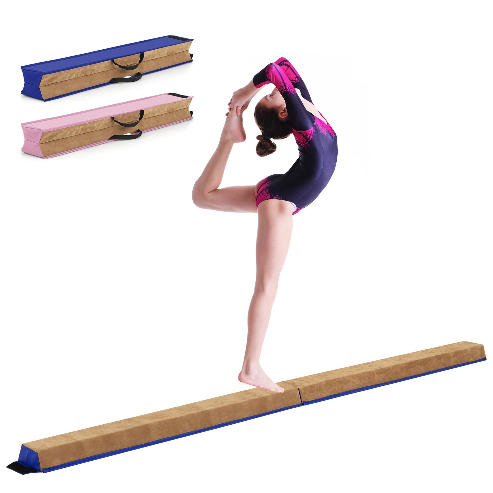 GOPLUS Barra de Equilibrio Gimnasia Plegable 240 cm, Viga de Equilibrio Artística con Manijas, Barra de Gimnasia Portátil Antideslizante para Niños, Adultos y Principiantes