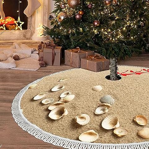 keepcute 48 Inch Beach Christmas Tree Skirt, Seashells on Sand Summer Beach Tree Mat with Tassel for Christmas Decorations for Xmas Party, Holiday Cover