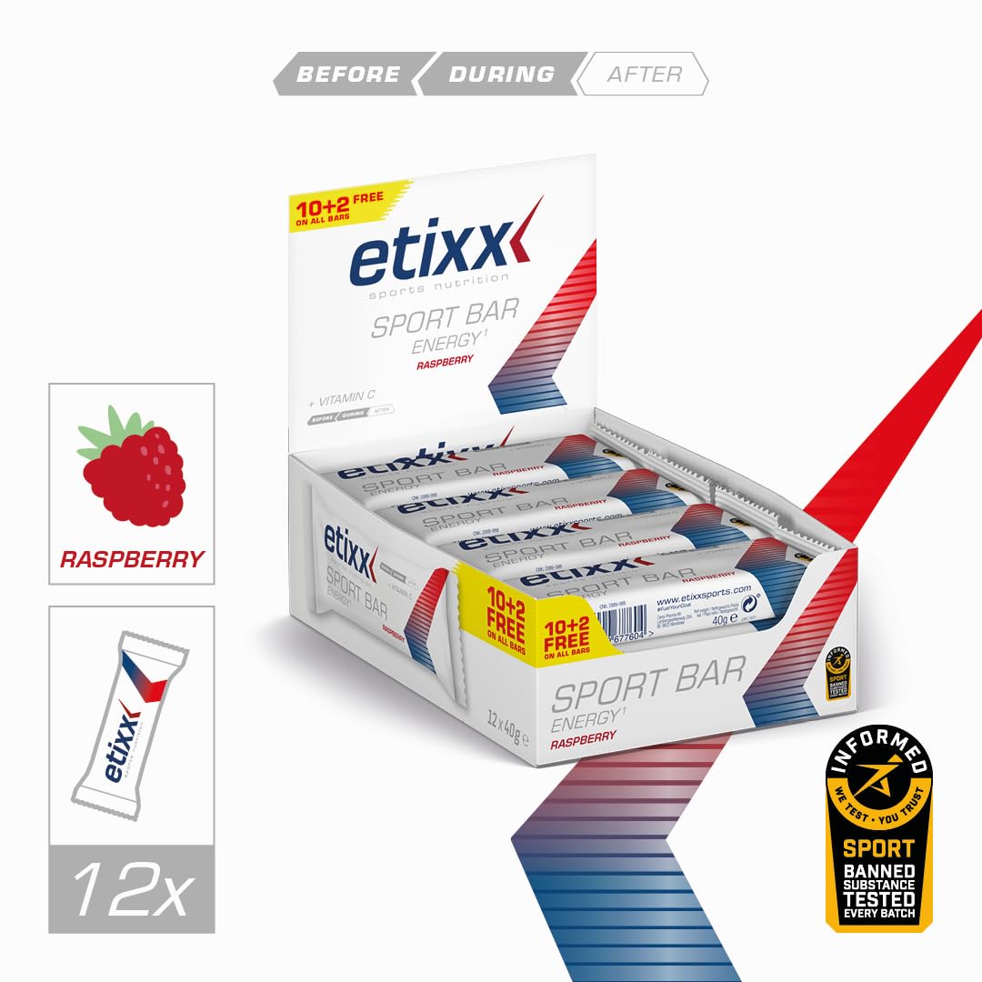 Etixx Energy Sport Bar - Saveur Framboise, 12 x 40g - Barre Énergétique pour Apport Rapide en Glucides, Idéale pour Sports d'Endurance