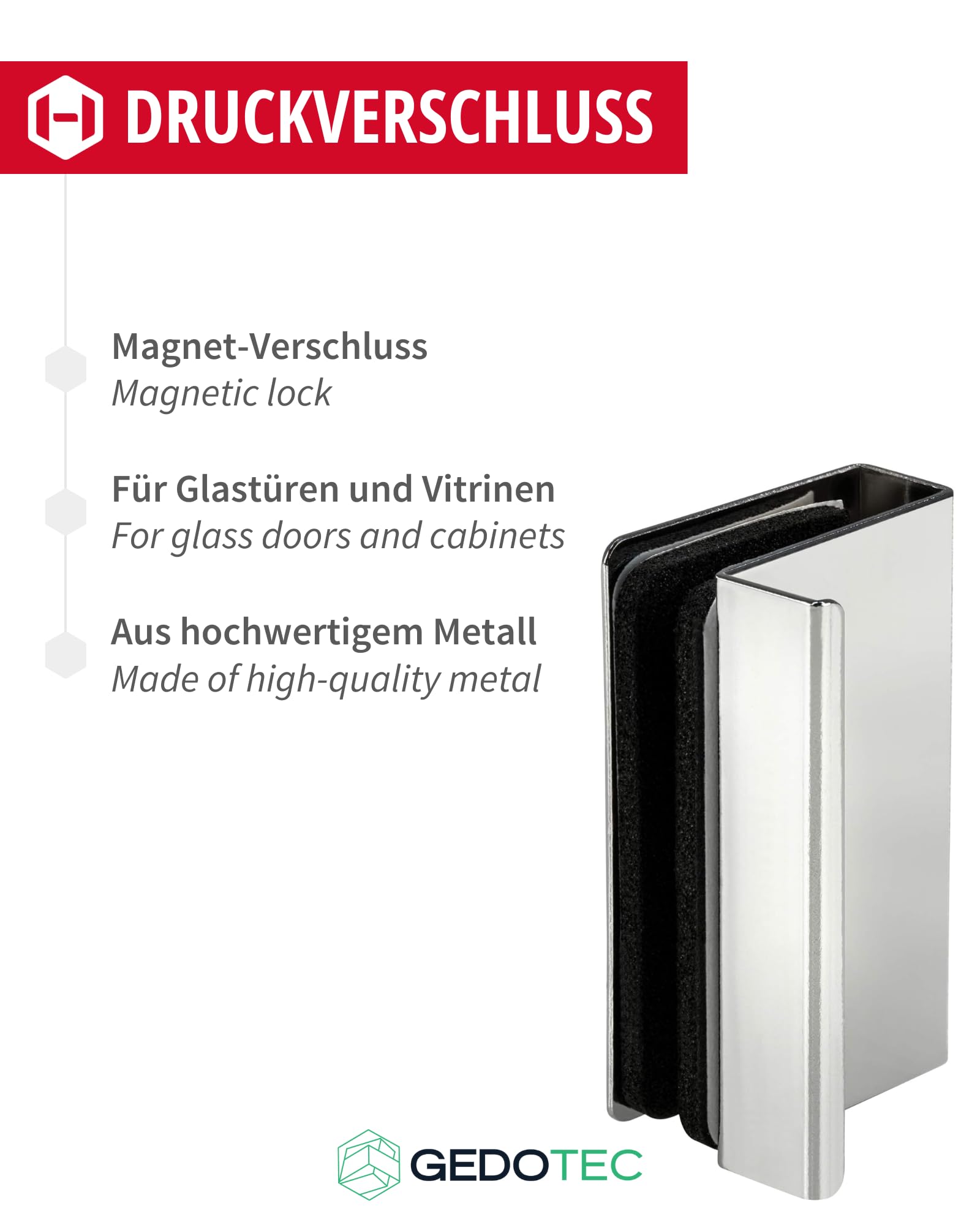Gedotec Gancio magnetico cromato lucido - H6058 | 2 pezzi Piastra magnetica con maniglia di trazione | Lunghezza del gancio: 40 mm | Apertura a spinta - Cerniera per porte in vetro