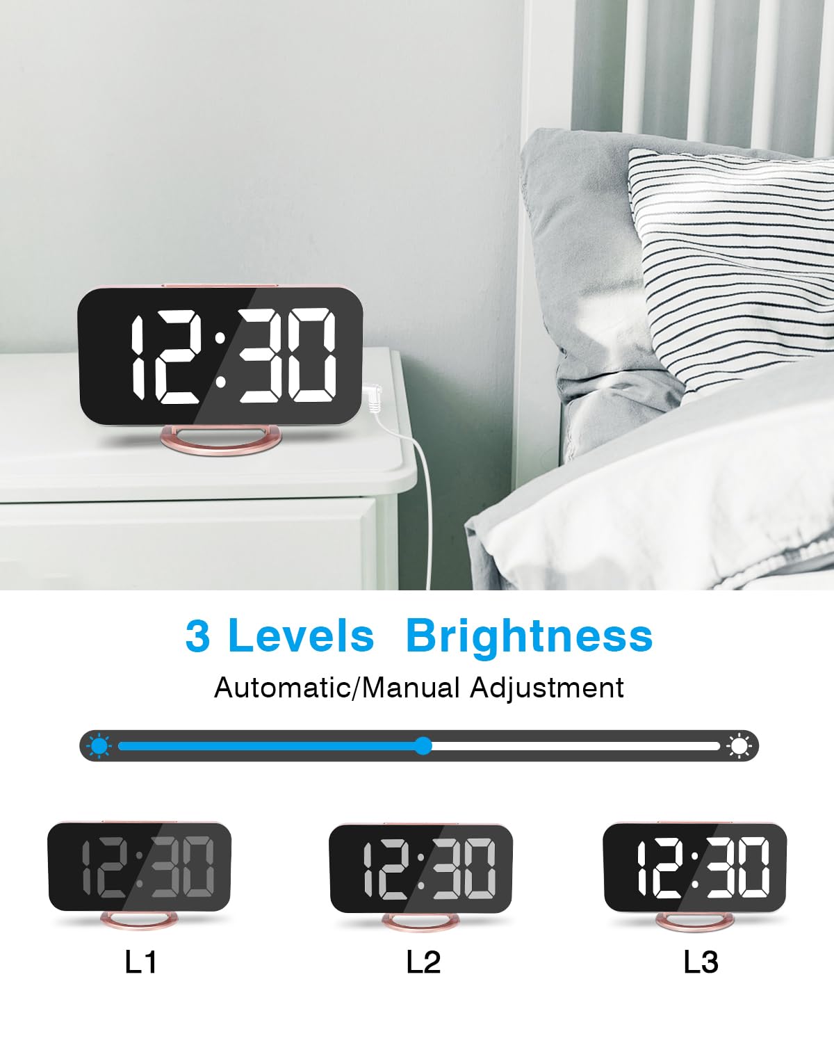 Reloj despertador digital, pantalla grande con espejo LED de 7 pulgadas, con puertos de cargador USB duales, función de repetición, modernos relojes electrónicos de pared de escritorio para