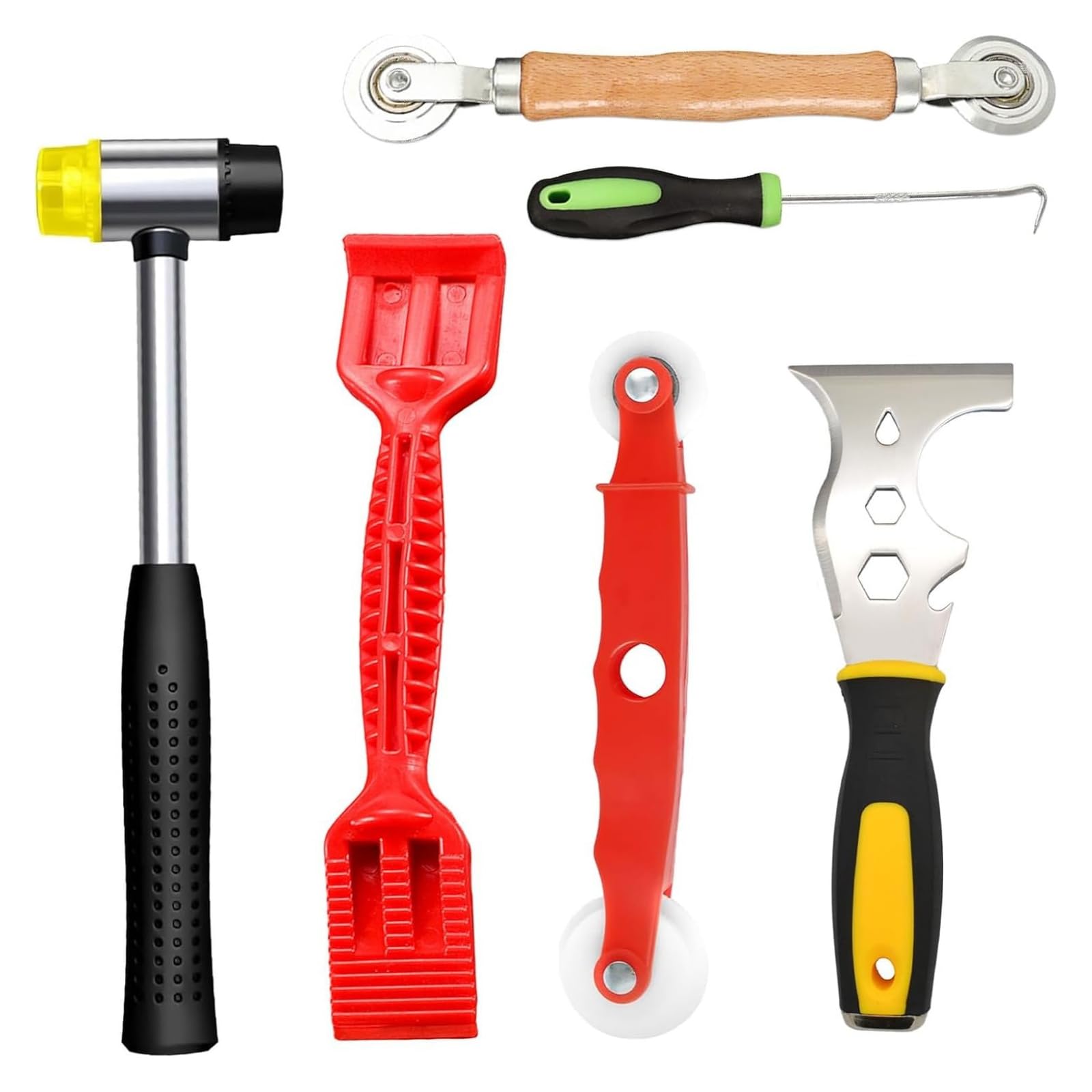 Multipurpose Window Glazing Tool with Angled Scrapers Vibrations Dampening Hammer and Leakproof Roller Systems Flexible Window Repair Equipment