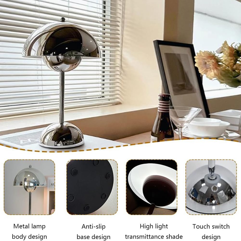 AoLa Lampada da tavolo fungo ricaricabile argento, lampada da tavolo senza fili dimmerabile con controllo touch ricaricabile tramite USB batteria 1200mAh lampada da comodino lampada a fungo