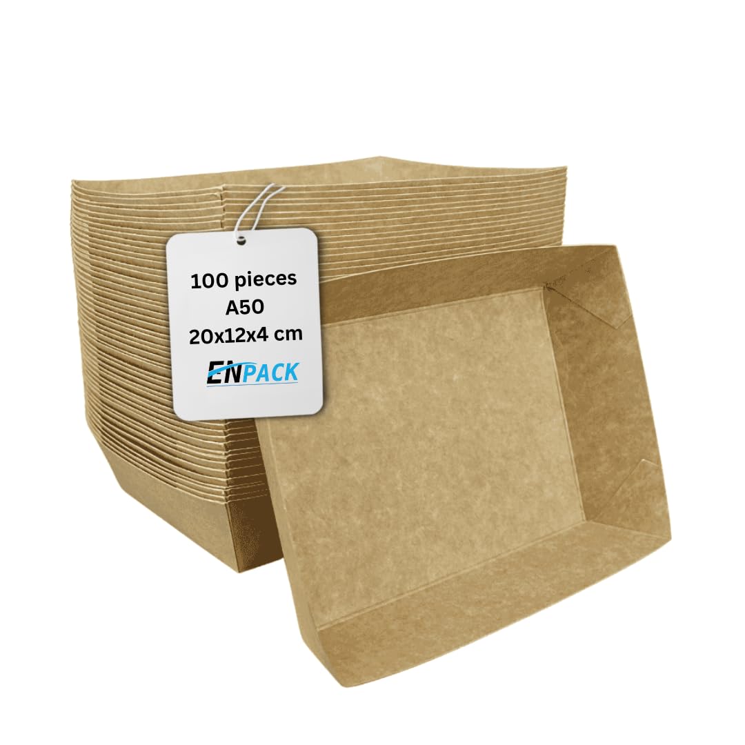 Enpack Snackschale A50-100 Stück Snackschalen aus Kraftpapier - Snack Box 20 x 12 x 4 cm - Currywurst Schale 950 ml - Behälter für Tapas, Chips, Pommes etc. - optimal geeignet als Fingerfood Schalen