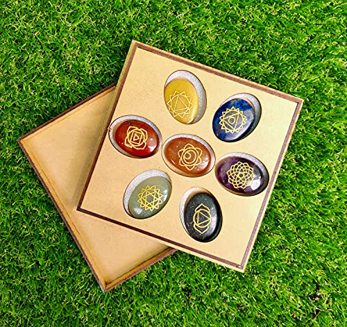 Wonder Care 7 Chakra stones set Reiki healing engraved palm worry pocket stone stress anxiety relief chakra balancing crystal Stable Mind Meditation Aid Yoga - Image 2