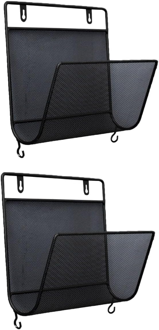 2pcs Nordic Style Wall Mounted Magazine Carrier Saving Iron Mesh Book Holder with Small Hooks for Home Office and Living Room Black