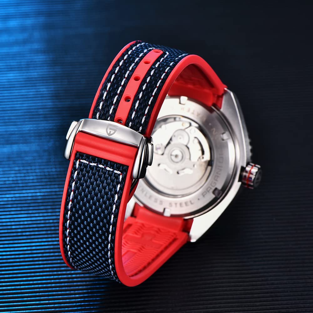Pagani Design Mechanische Herren-Automatik-Business-Uhr, Edelstahlgehäuse, 100M wasserdicht, Nylon-Kautschukband, Saphirglas, Automatische Herren-Taucheruh