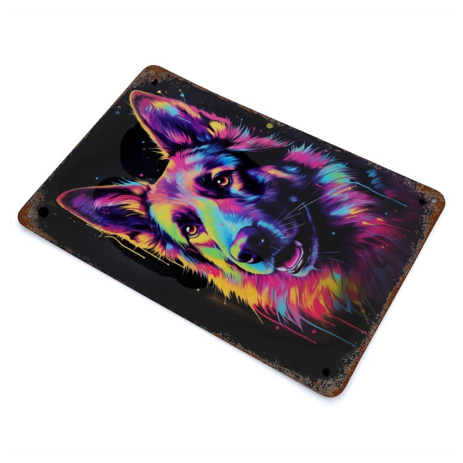 Garage Style Neon German Shepherd Rust Effect Tin Sign 11.8"x7.9", Industrial Home Decor for Bar And Workshop