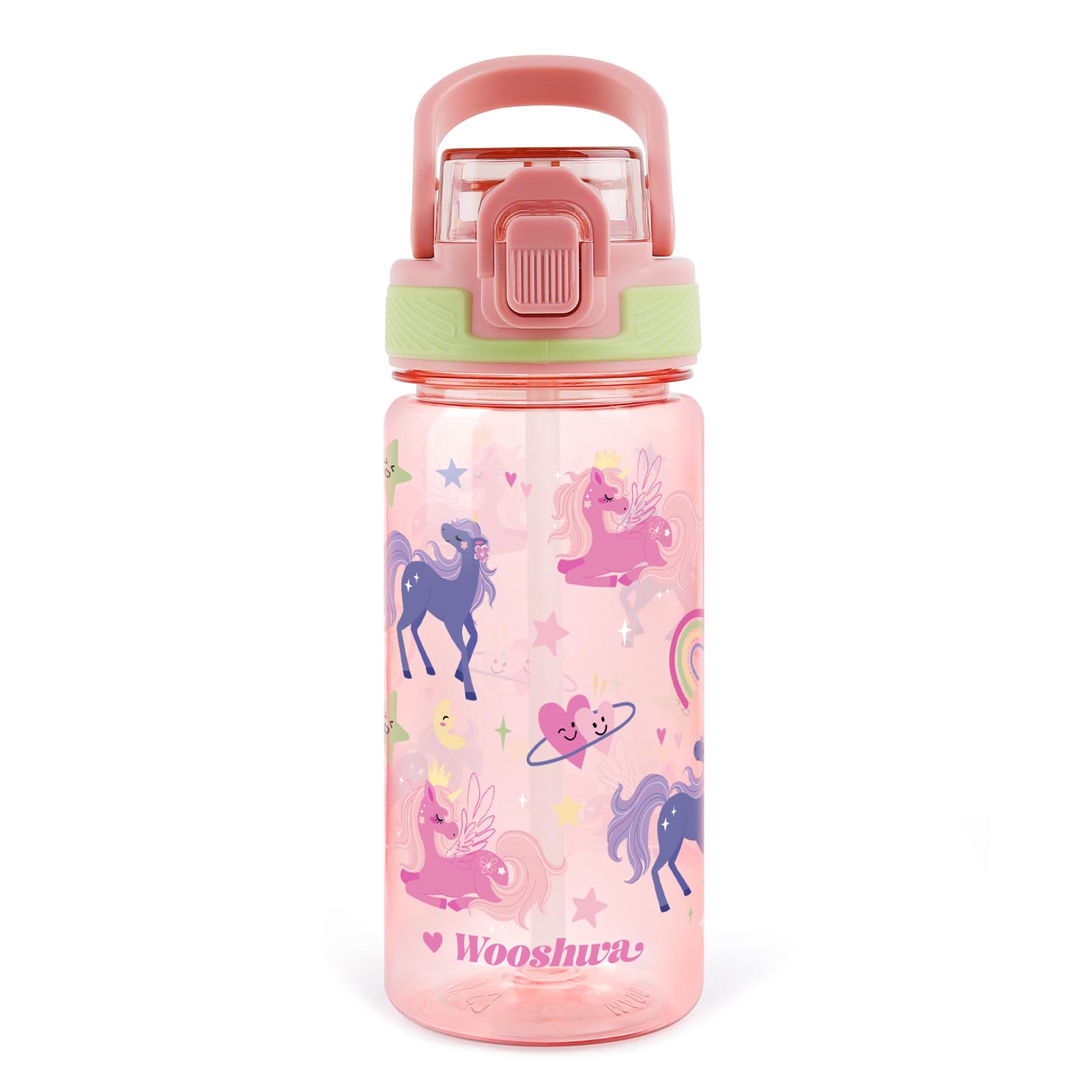 wooshwa Trinkflasche mit Strohhalm 480ml Auslaufsicher Sport Trinkflaschen Wasserflasche zum Wandern & Fitnessstudio mit Tragegriff BPA-frei - Einhorn