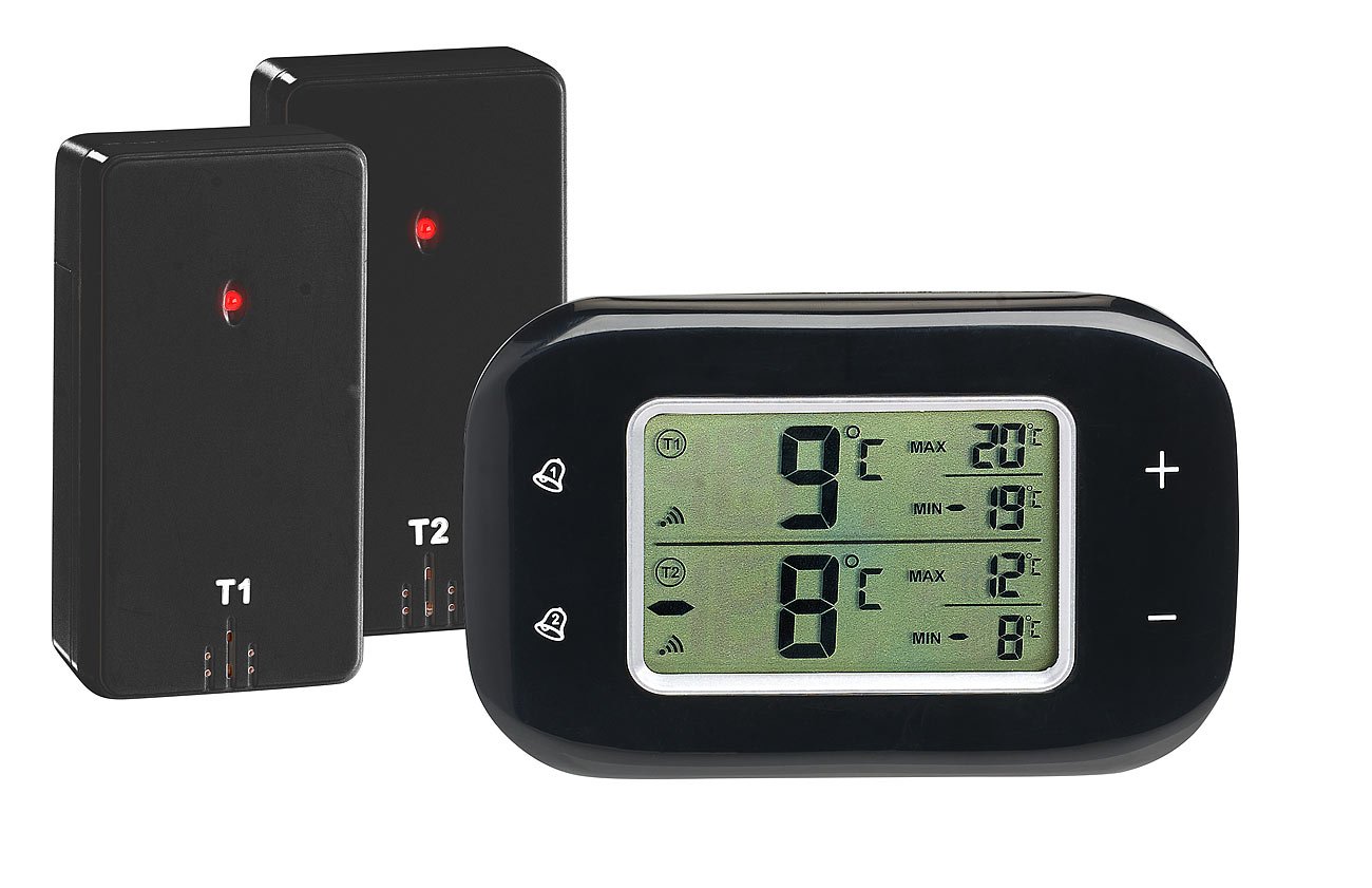 Rosenstein & Söhne Kühlschrank Alarm: Digitales Kühl- & Gefrierschrank-Thermometer, 2 Funk-Sensoren, schwarz (Kühlschrankthermometer Funk, Thermometer für Kühlschrank, Kfz)