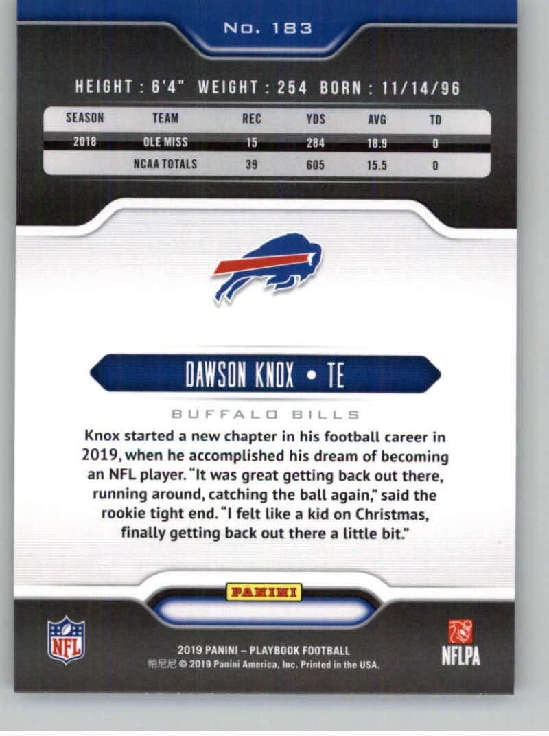 2019 Playbook Football #183 Dawson Knox Buffalo Bills RC Rookie Official Panini NFL Trading Card
