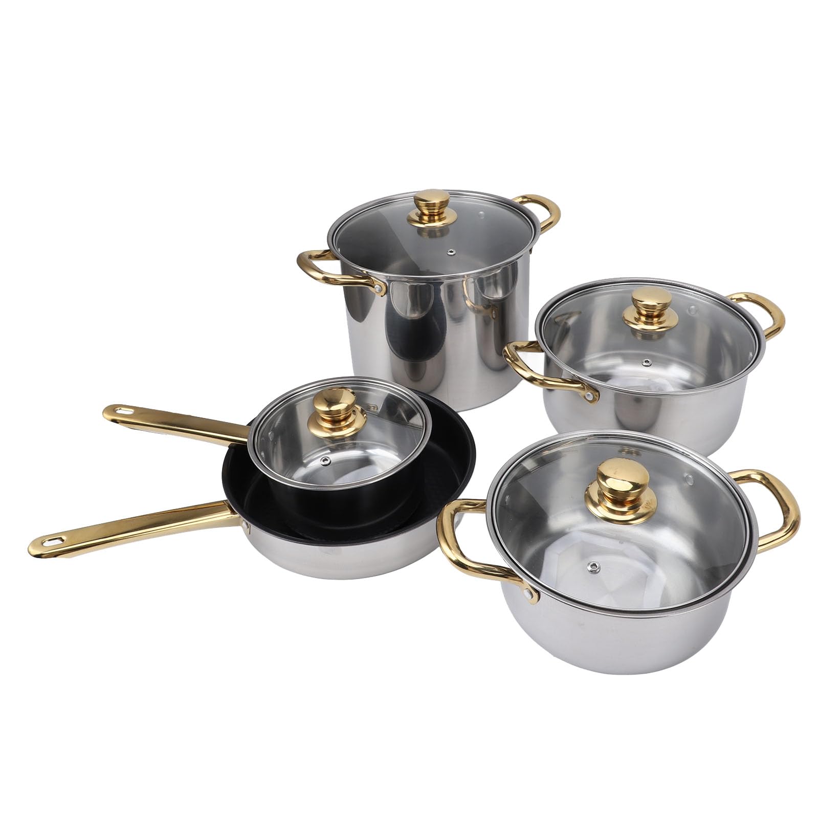 Juego de utensilios de cocina ergonómicos de acero inoxidable con asas doradas, ollas y sartenes multifuncionales con tapas de cristal, ideal para cocina