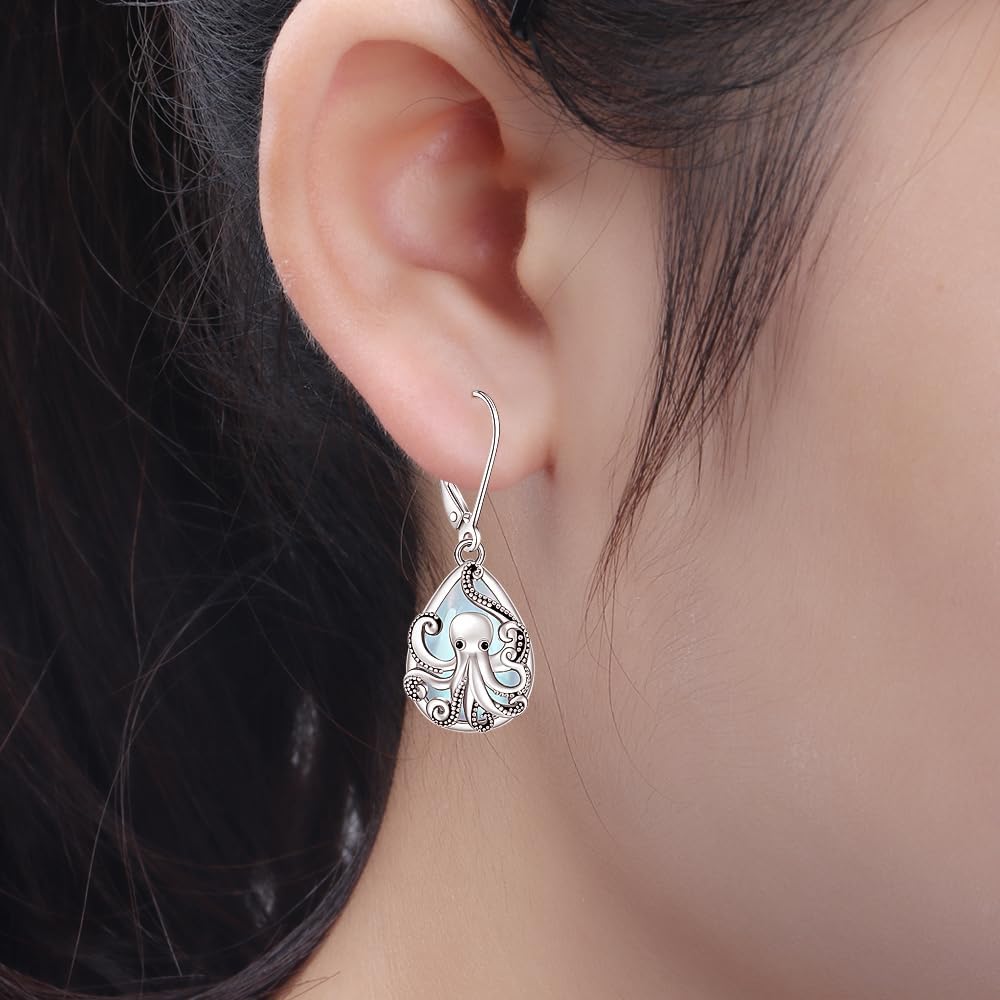 Octopus Earrings for Women Moonstone Octopus Tentacle Earrings Sterling Silver Ocean Kraken Sea Animal Drop Dangle Jewelry Charms Halloween Christmas Gifts - Image 4