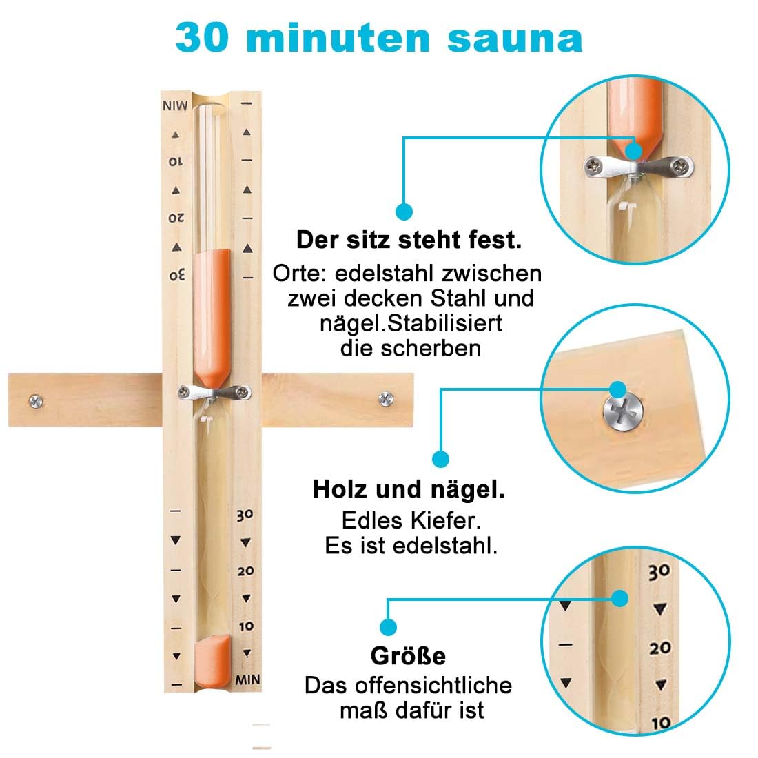 Sanduhr Sauna, Sanduhr 30 Minuten, Orange 30 Minuten Hölzerner Sand, Drehung der Dhamuhr, Reldo De Arena, ist mit Zeitgläsern im Zeitkanal Sandale und Baloo Betäubt