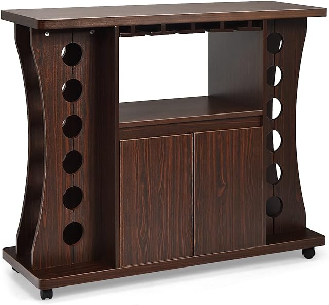 GiantexUK Wine Cabinet, Wooden Vintage Alcohol Cabinet with Glass Rack and 5 Casters, Rolling Sideboard Storage Cabinet for Home, Bar and Restaurant