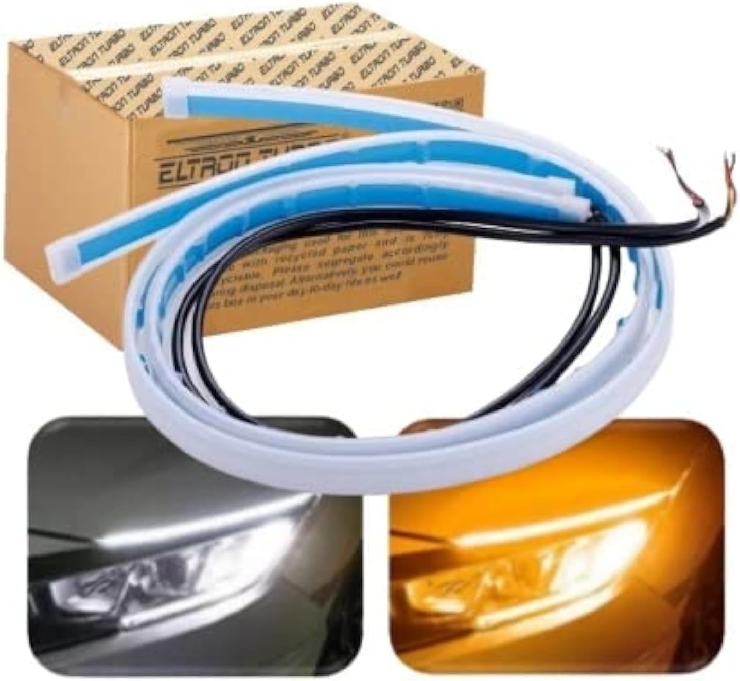 ELT5487UTRE DC Power Sequential Flow Universal Waterproof Ultra-Fine 60cm DRL | Daytime Running Light | Flexible | Soft | Tube Car LED Strip | White and Yellow Color (Pack Of 2)
