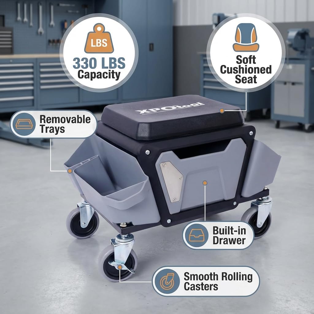Rolling Mechanics Stool - Heavy Duty 330 LBS Capacity Rolling Garage Detailing Stool with Soft Rubber Cushion Seating & Removable Trays | Mechanics Seat for Auto Repair and DIY Home Car Beauty
