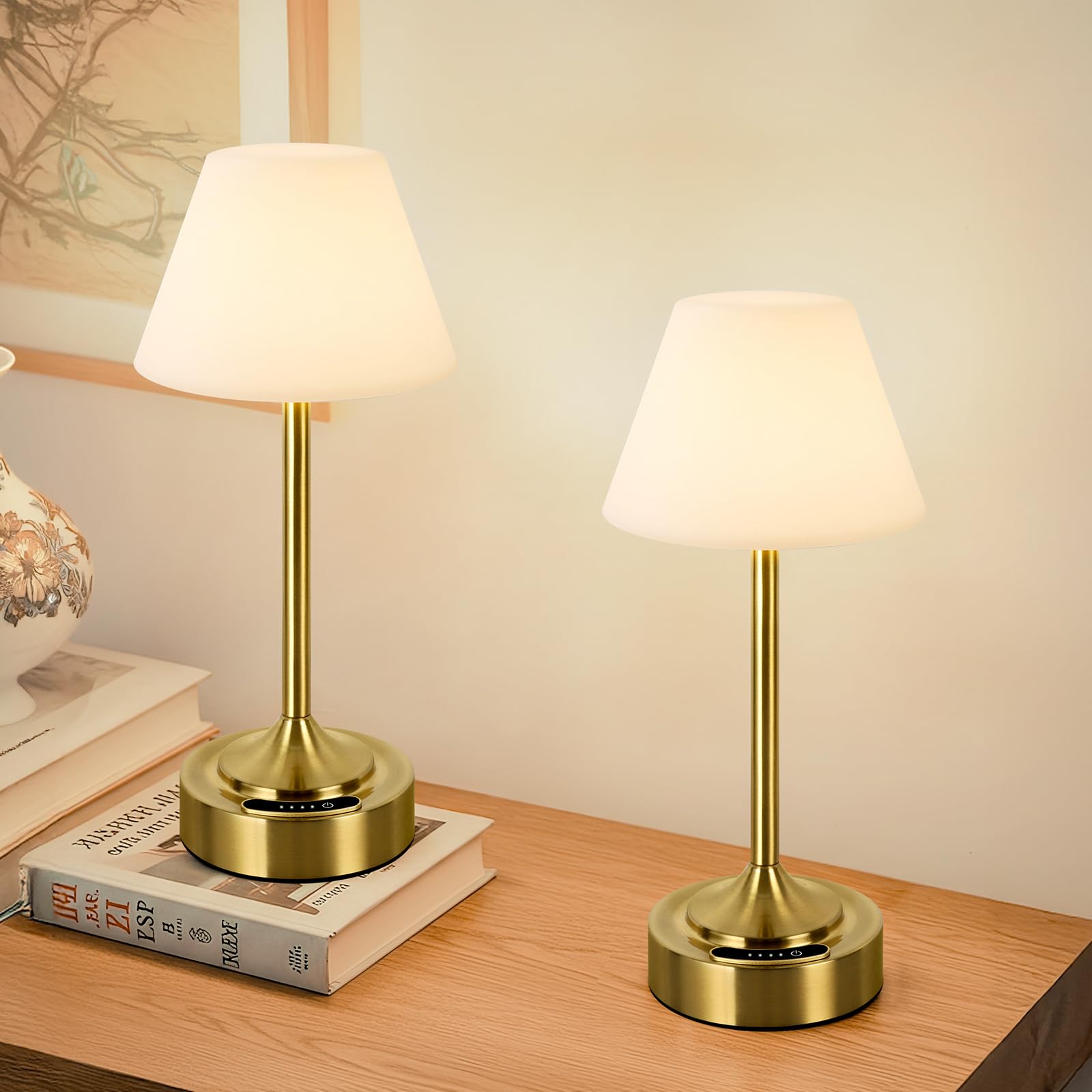 OUTON 40 cm draadloze dimbare tafellamp met 3 kleurtemperaturen, 5200 mAh batterij, touch bedlampje met geheugenfunctie, stoffen kap voor slaapkamer, woonkamer, eetkamer, terras (goud