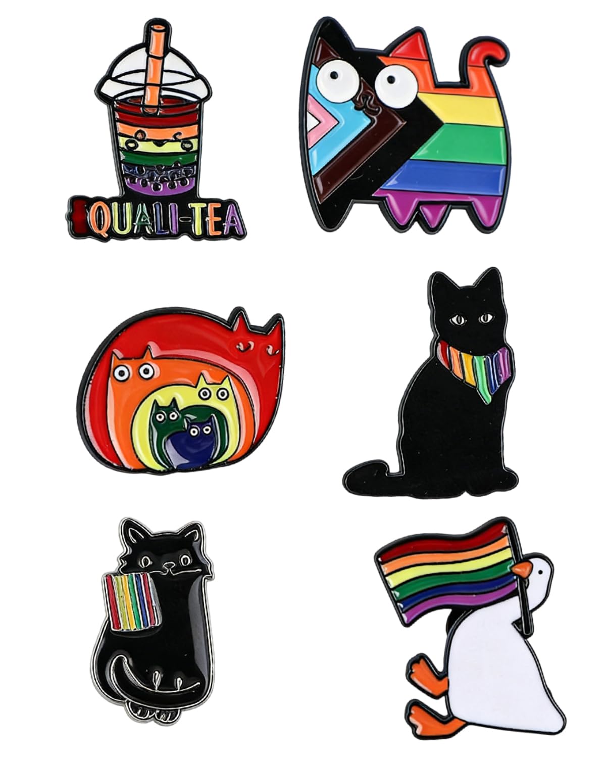 Set di 6 Spille Smaltate Gatto Arcobaleno Cartone Animato, divertenti e colorate. Ideali per Zaini, Vestiti, Borse. Idee Regalo Uniche.