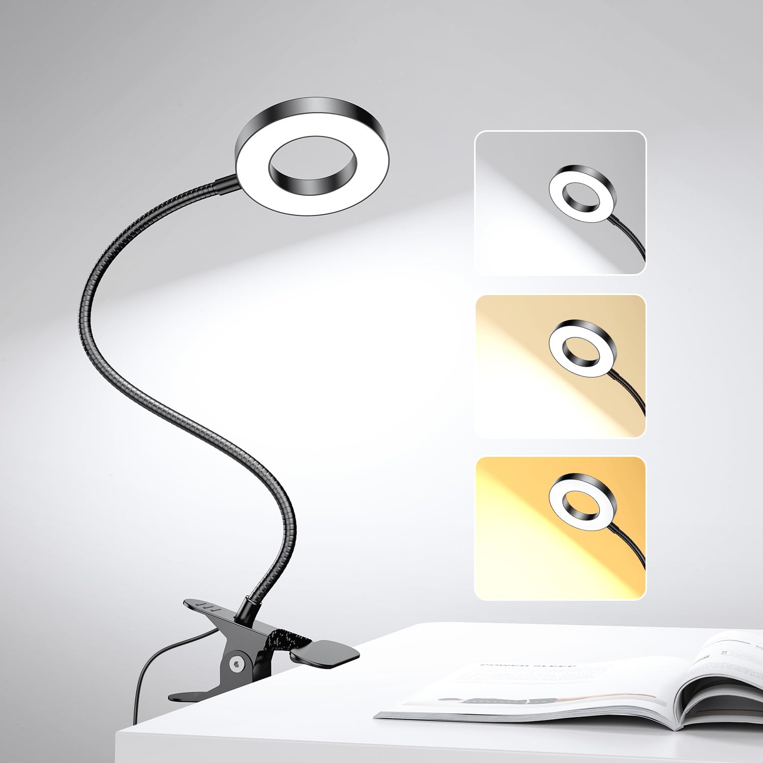 GARMESE LED Desk Lamp Clip on Light with 3 Color Modes 10 Brightness Ring/Clamp Light 360° Flexible Gooseneck Dimmable Eye Protection Desk Light Desk Lamps for Home Office with Video Tutorials