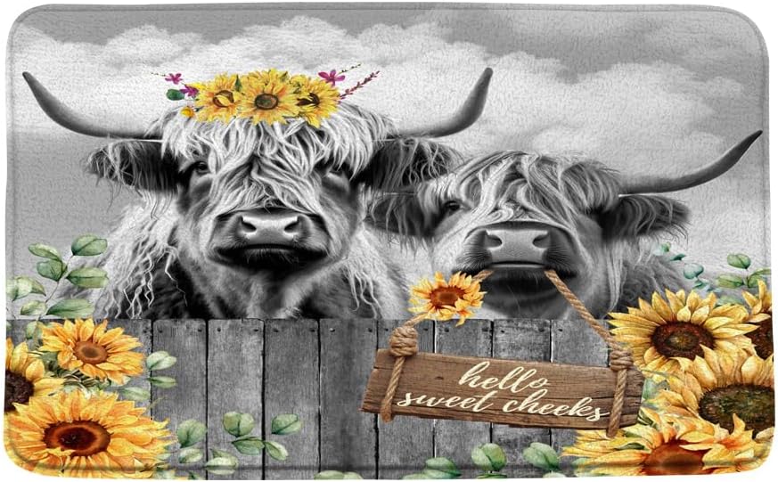 Funny Highland Cow Bath Mat Country Sunflower Floral Plant Cute Cattle Bull Farm Western Farmhouse Animal Microfiber Memory Foam Soft Doormat Kitchen Bathroom Rugs