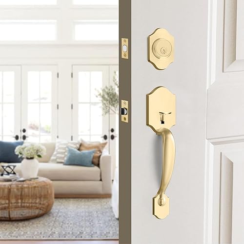 Miniatura 2 de Haidms Juego de manijas y cerrojos dorados para puerta delantera, cerradura de puerta delantera, cerraduras doradas para puerta de entrada con