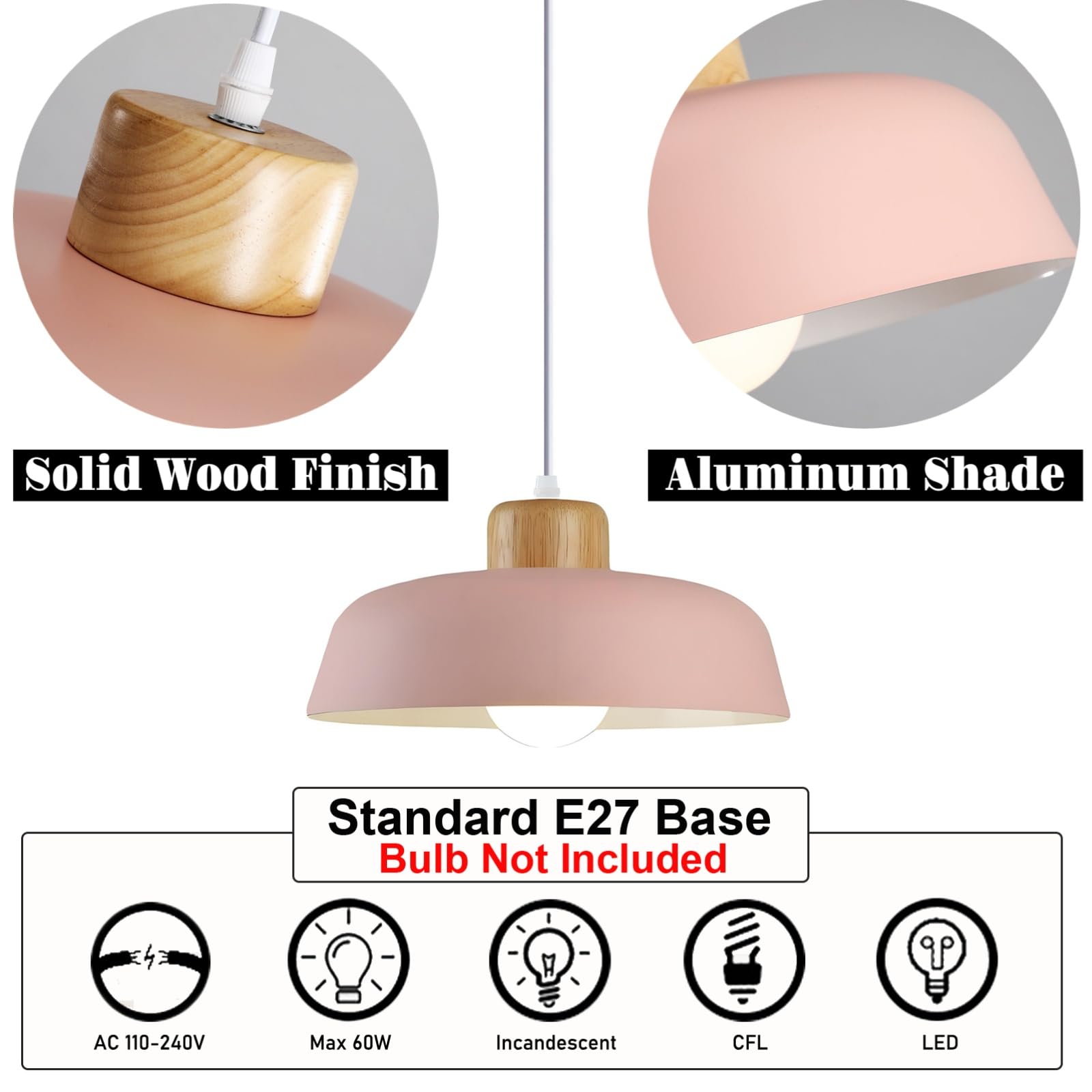 ⌀30cm Pendelleuchte Esstisch, Moderne Bunt Hängeleuchte aus Metall & Holz E27-Fassung, Höhenverstellbar Hängelampe für Küchen, Esszimmer, Schlafzimmer & Wohnzimmer (Rosa)