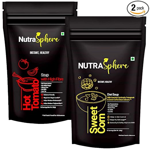 NutraSphere Tomato, Diet Sweet Corn Soup Packets Combo. High Fibre For Weight Management (Instant, Preservative Free, Sugarfree, No MSG, Diabetic Friendly)- 10 Sachets Each