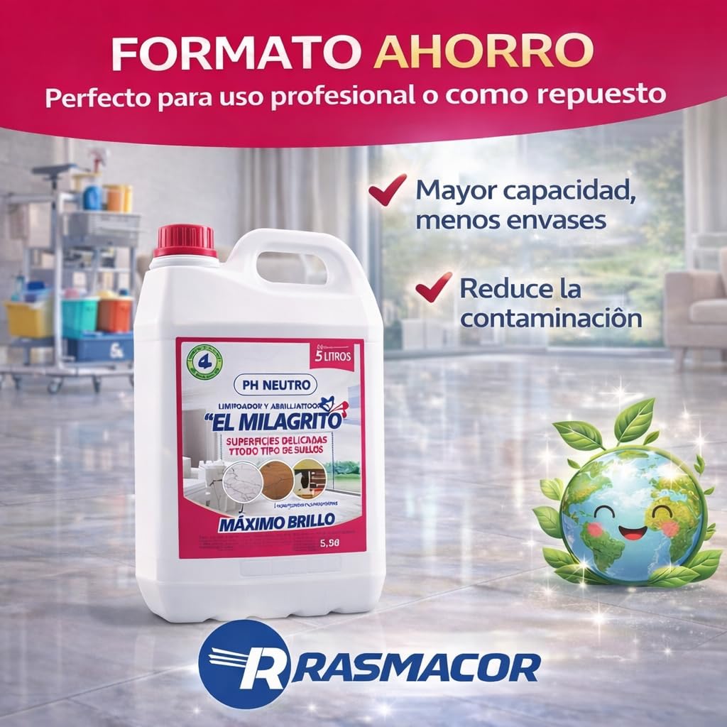 RASMACOR | Pack 3 unidades (15 litros) El Milagrito 5L Limpiador y Abrillantador de Suelos | pH Neutro | Ideal para Mármol, Parquet y Superficies Delicadas | Sin Residuos, Brillo Natural