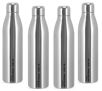 EVER PREMIUM - Steel Water Bottle 1 litre | Stainless Steel Water Bottle 1000ml for Home, Kids & Fridge| Plastic Free & Leak Proof -Pack of 4