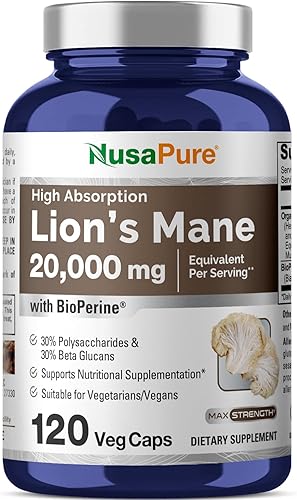 NusaPure Extracto de melena de león 20:1 (equivalente a 20.000 mg) – Hecho con melena de león orgánica, bioperina – 30% polisacáridos – 120 cápsulas