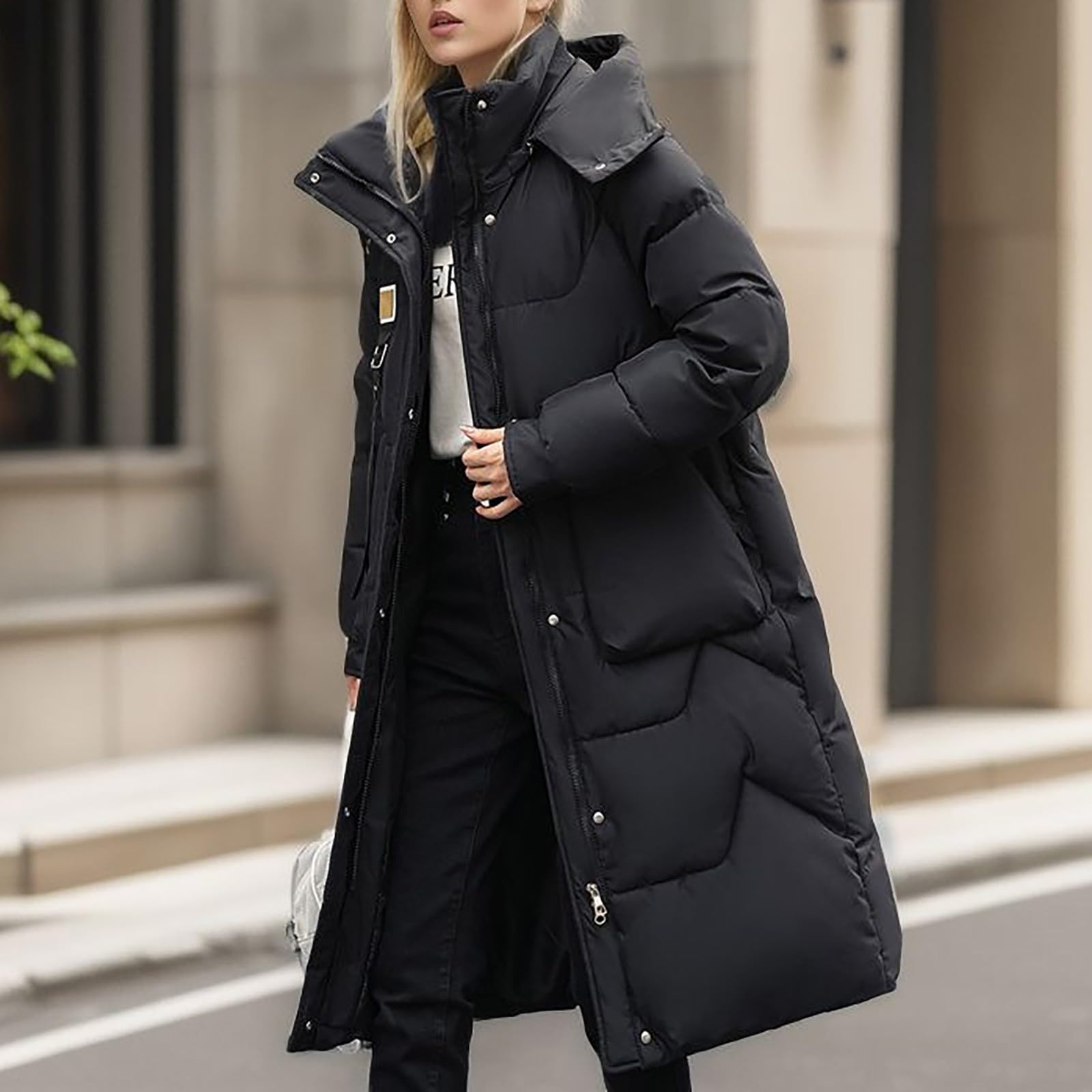 Chaqueta acolchada de plumón para mujer, abrigo acolchado de longitud media, abrigos largos acolchados para mujer con capucha desmontable, abrigo sólido para mujer, abrigo impermeable de manga larga,