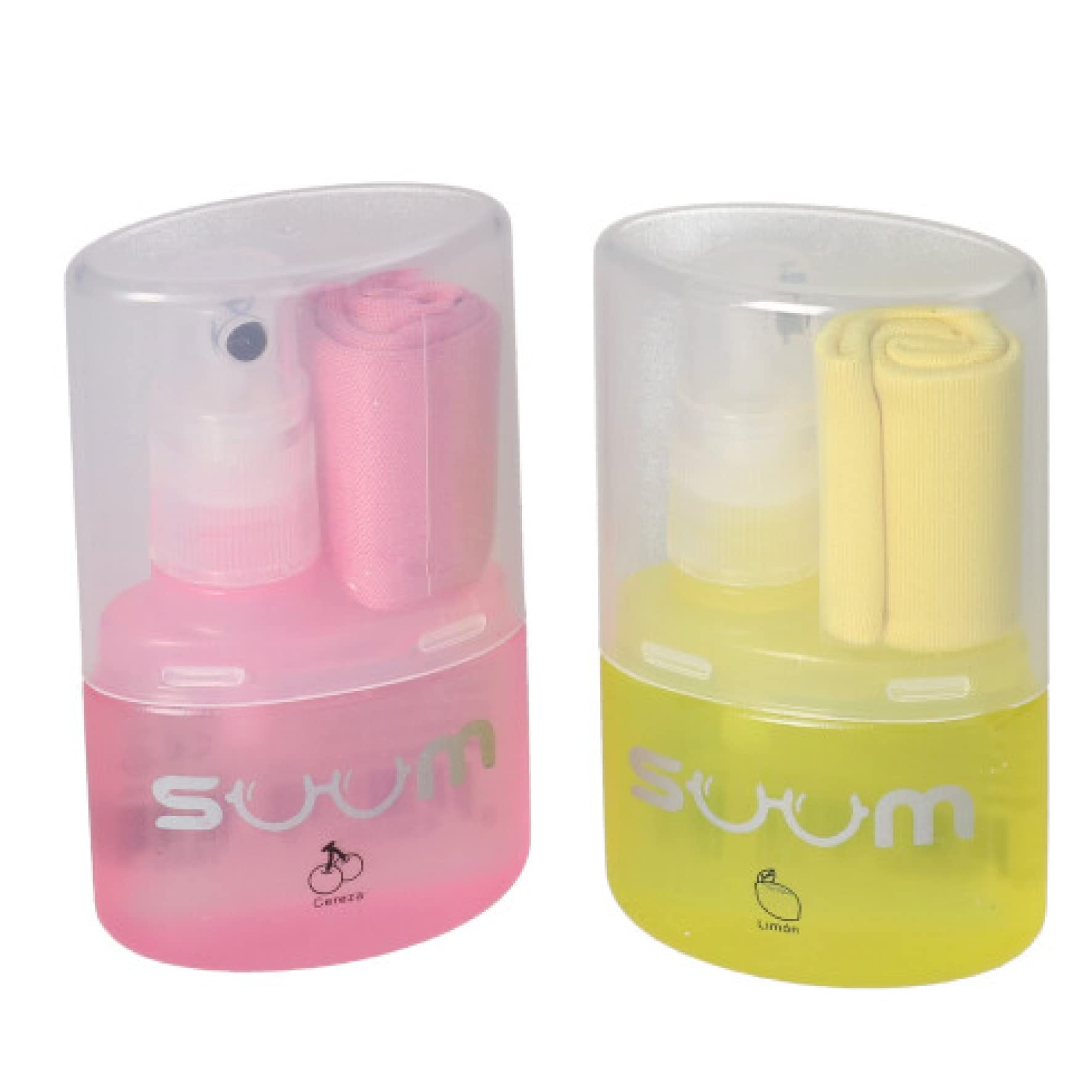 SUUM 2x spray limpiador de gafas con aroma, 25 ml de contenido para una limpieza suave y profunda de tus lentes, con gamuza de microfibra - sin alcohol (1 Limón y 1 Cereza)