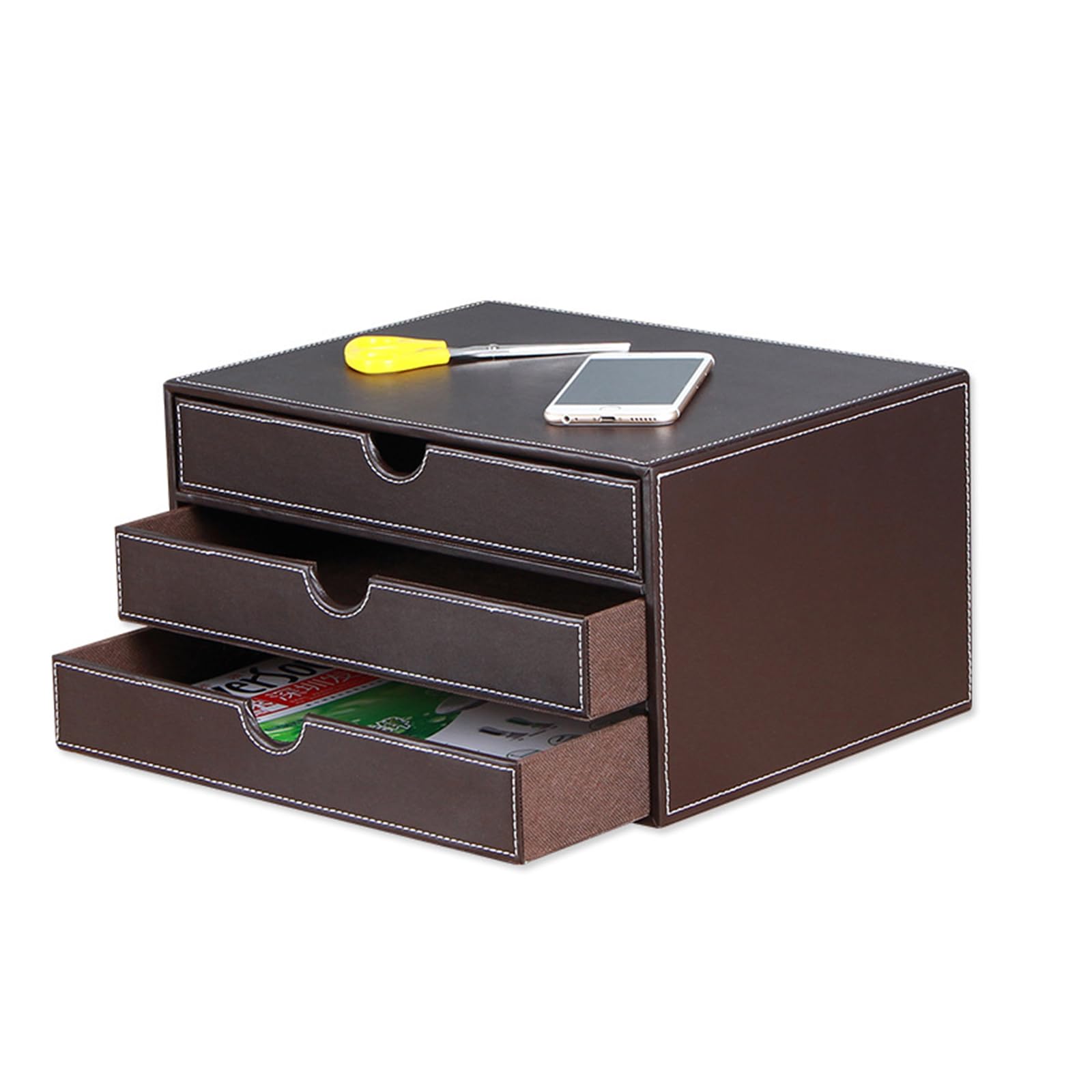 Boîte de rangement de bureau en cuir synthétique avec 3 tiroirs A4 - Organiseur de bureau - Pour documents et fournitures de bureau - Marron