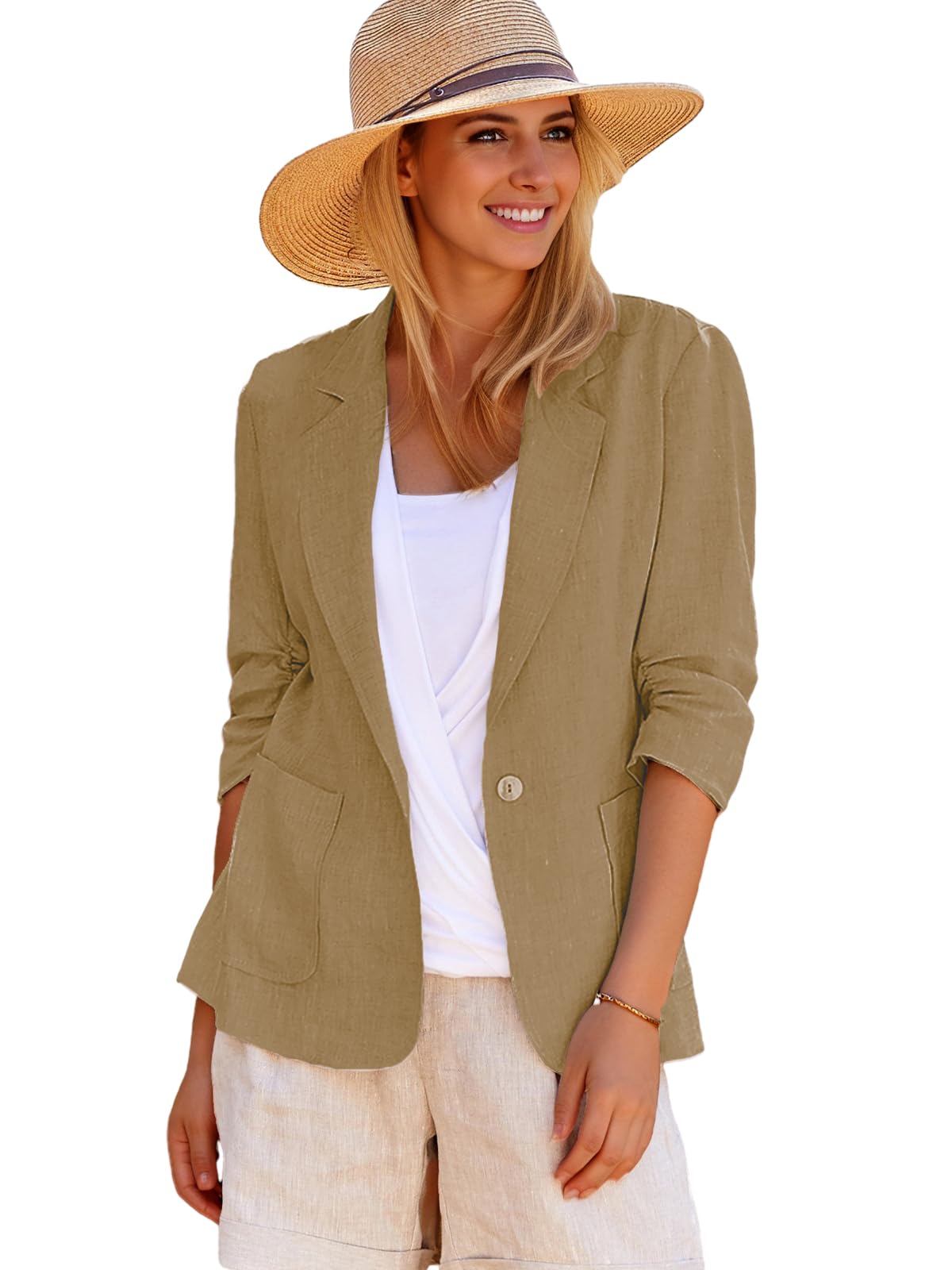 Mina Self 2026 Summer Women’s Linen Blazer Jacket - Lightweight Breathable 3/4 Stretchy Ruched Sleeve Casual Work with Pocket