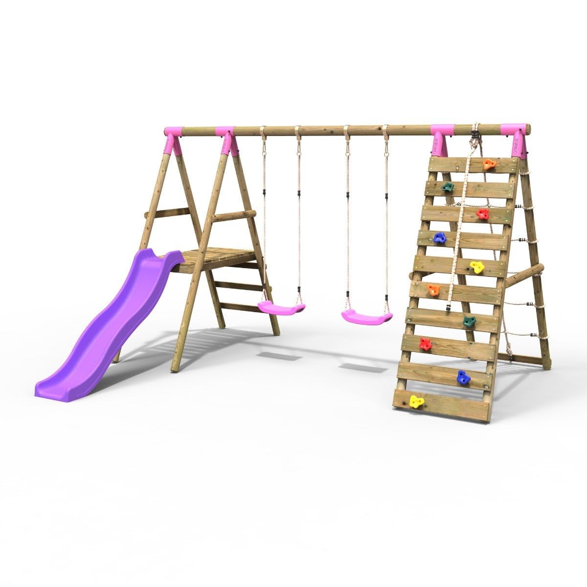 Rebo Wooden Double Swing Set with Climbing Wall & Slide - Pink