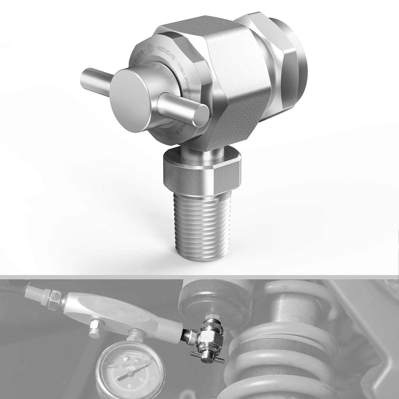 NICECNC 1/8 "NPT Maschio Azoto Strumento di riempimento Válvula Compatible with ATV, UTV, Auto o Moto Ammortizzatori & Struts con un Schrader (stelo del pneumatico) Riempimento Válvula