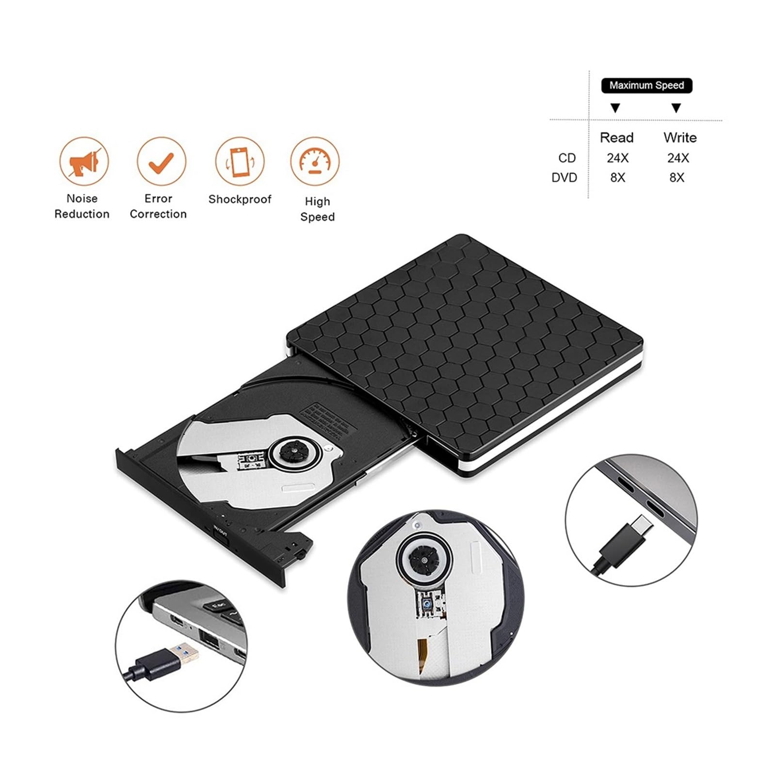 Lecteur DVD Externe Type C/USB 3.0, Lecteur CD, Lecteur DVD-RW, Lecteur De Disque Optique Externe CD-RW, Enregistreur, Graveur(White Border)