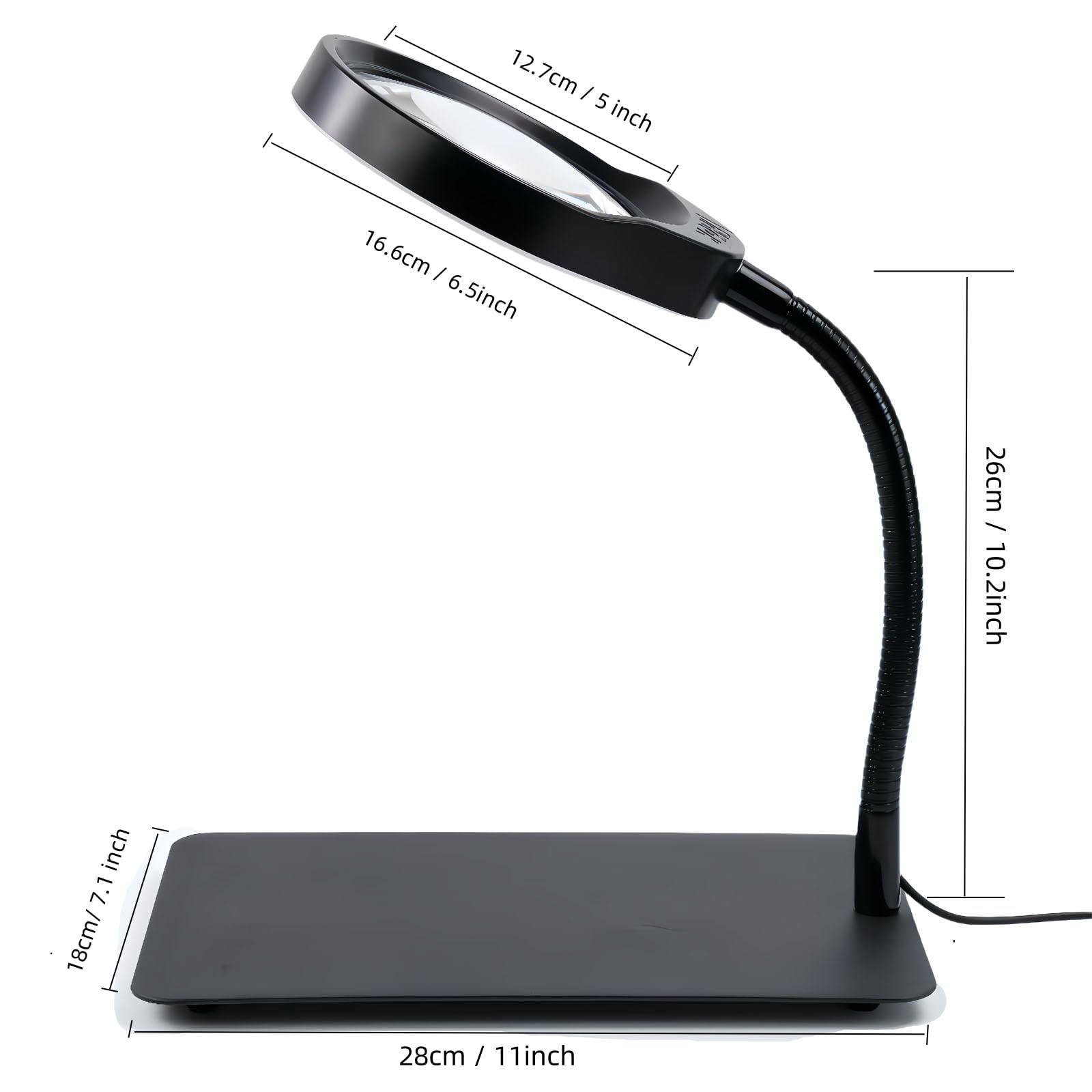 Lupa con luz y soporte, 10 aumentos, flexible, cuello de cisne, lámpara LED de escritorio, manos libres, para manualidades, lectura, pintura, pasatiempos, trabajo cercano (negro)