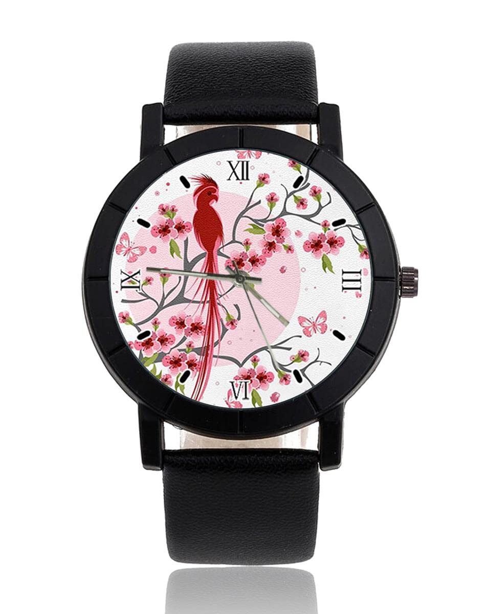 Cherry Blossom and Bird Simple Personality Watches Quartz Wristwatch Watches for Women Men Business Leisure Unisex Leather Wrist Watches