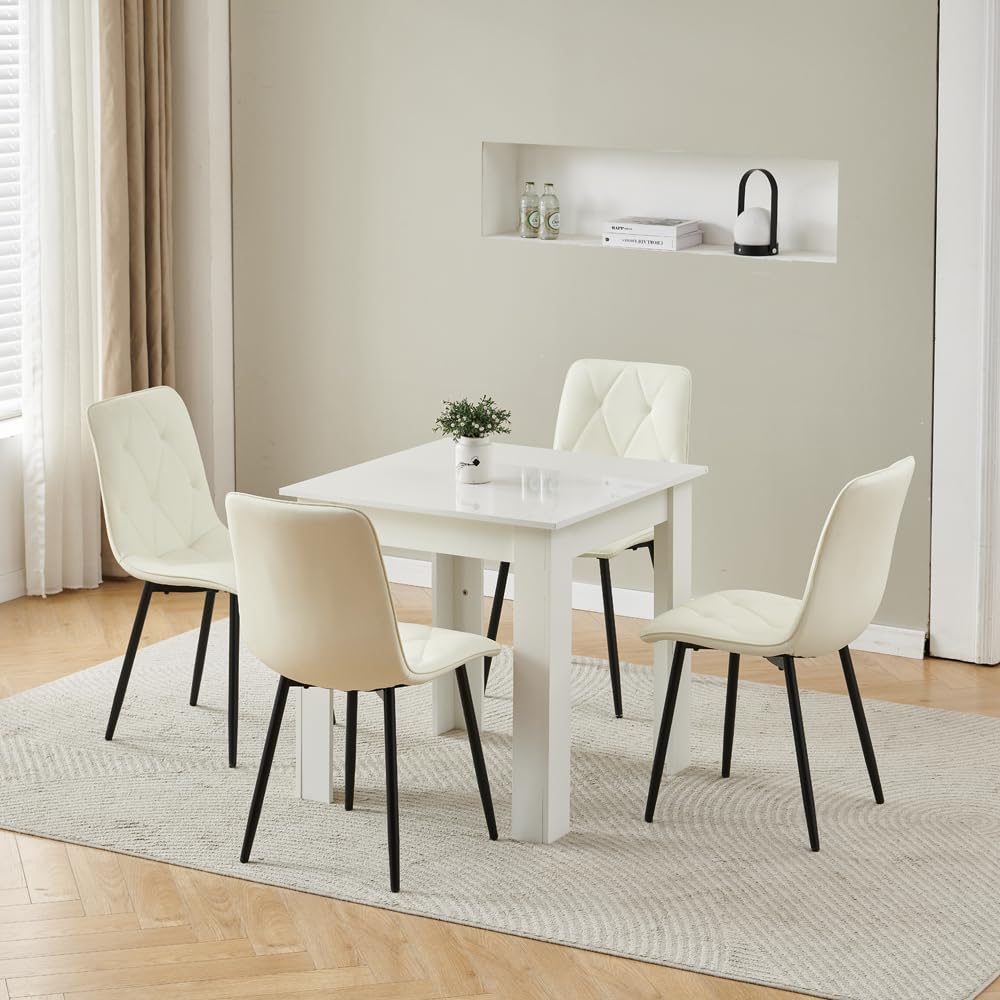 Homullel 75x75 cm Small Dining Table and 4 Chairs, 4 Seater Table and Chairs Set Kitchen Dining Room Set for 4, Compact, Space Saving, Wooden, Glossing Tabletop White (4 Seats, PU Lvory)