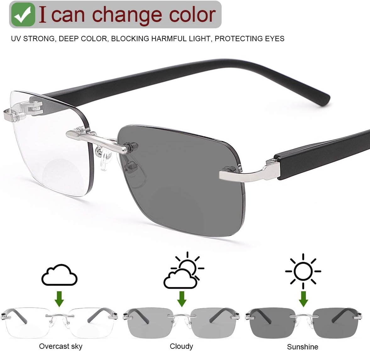 YIMI Photochromic Bifocal Reading Glasses Spring Hinge UV Protection Sun Readers Anti Eyestrain Glare Glasses for Men Women - Image 2
