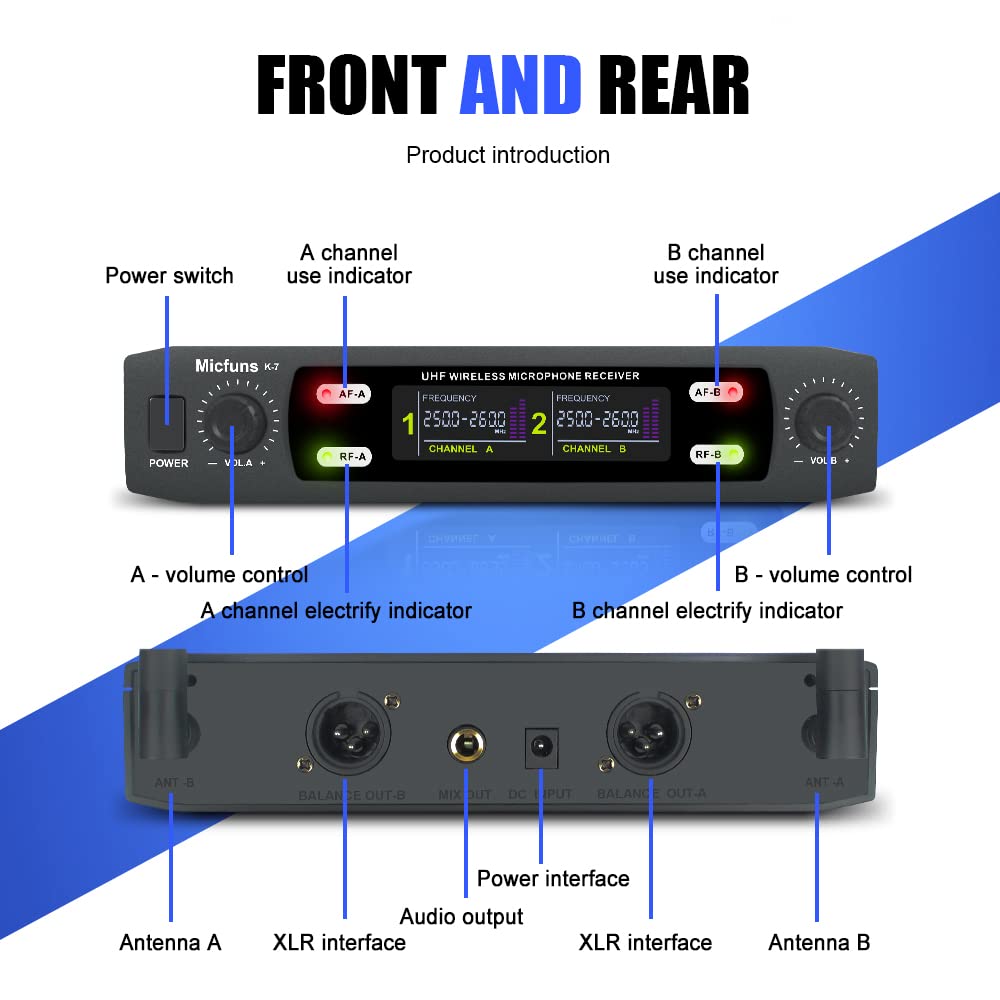 K7 - Kit microfono professionale senza fili 2 portatile VHF 230-250 MHz 100 m per karaoke, feste, lingua