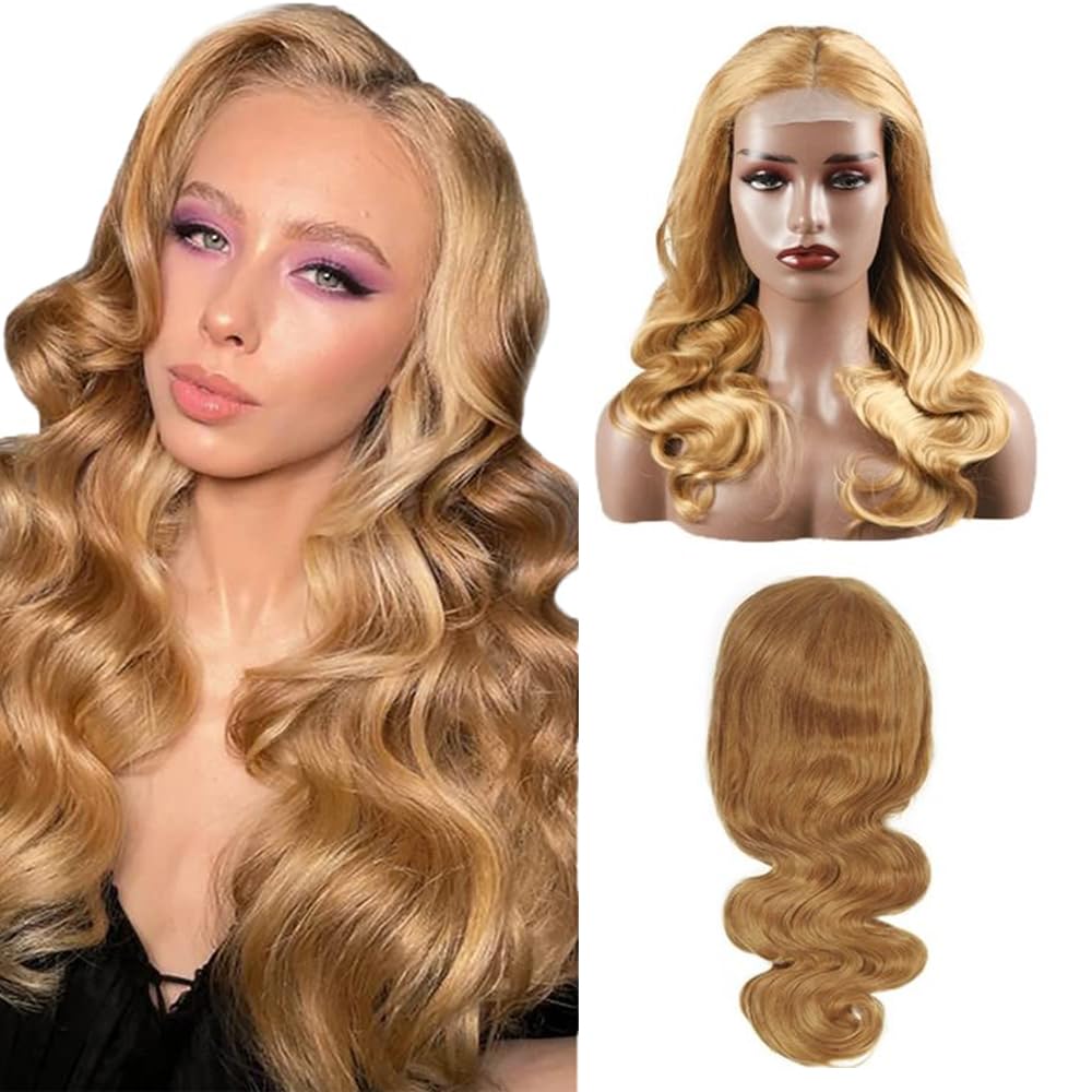 Weeybay 4x4 Lace Front Wigs #27 Honey Blonde Color Body Wave Virgin Glueless Unprocessed 180% Density Transparent Lace Human Hair Wig For Women 20 Inch