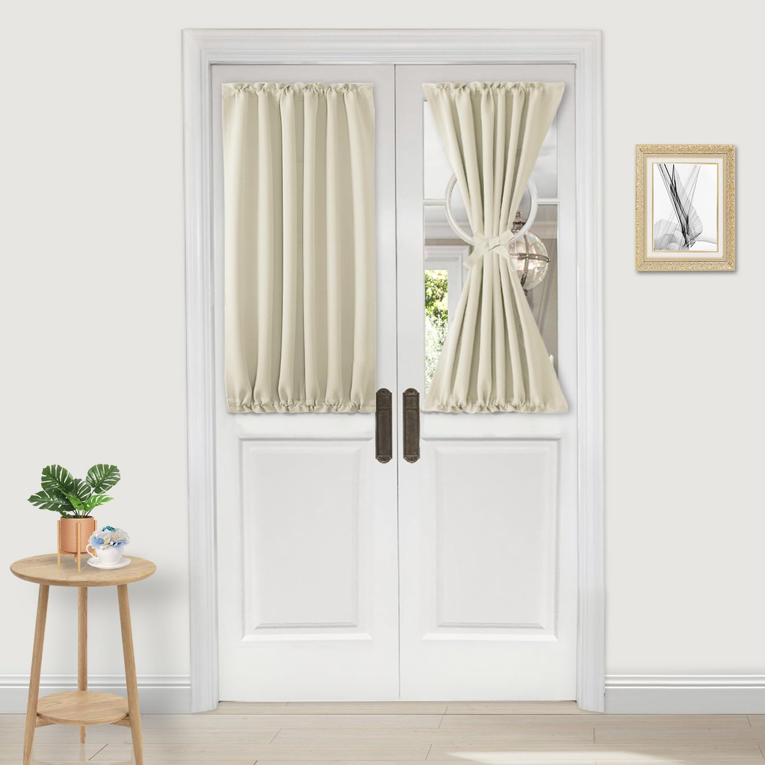 DWCN French Door Curtains – Rod Pocket Thermal Curtain for Window/Patio Doors/Doorways/Classroom/Kitchen for Privacy, 25W by 40L Inches, 1 Panel with Tieback, Light Beige — image 1